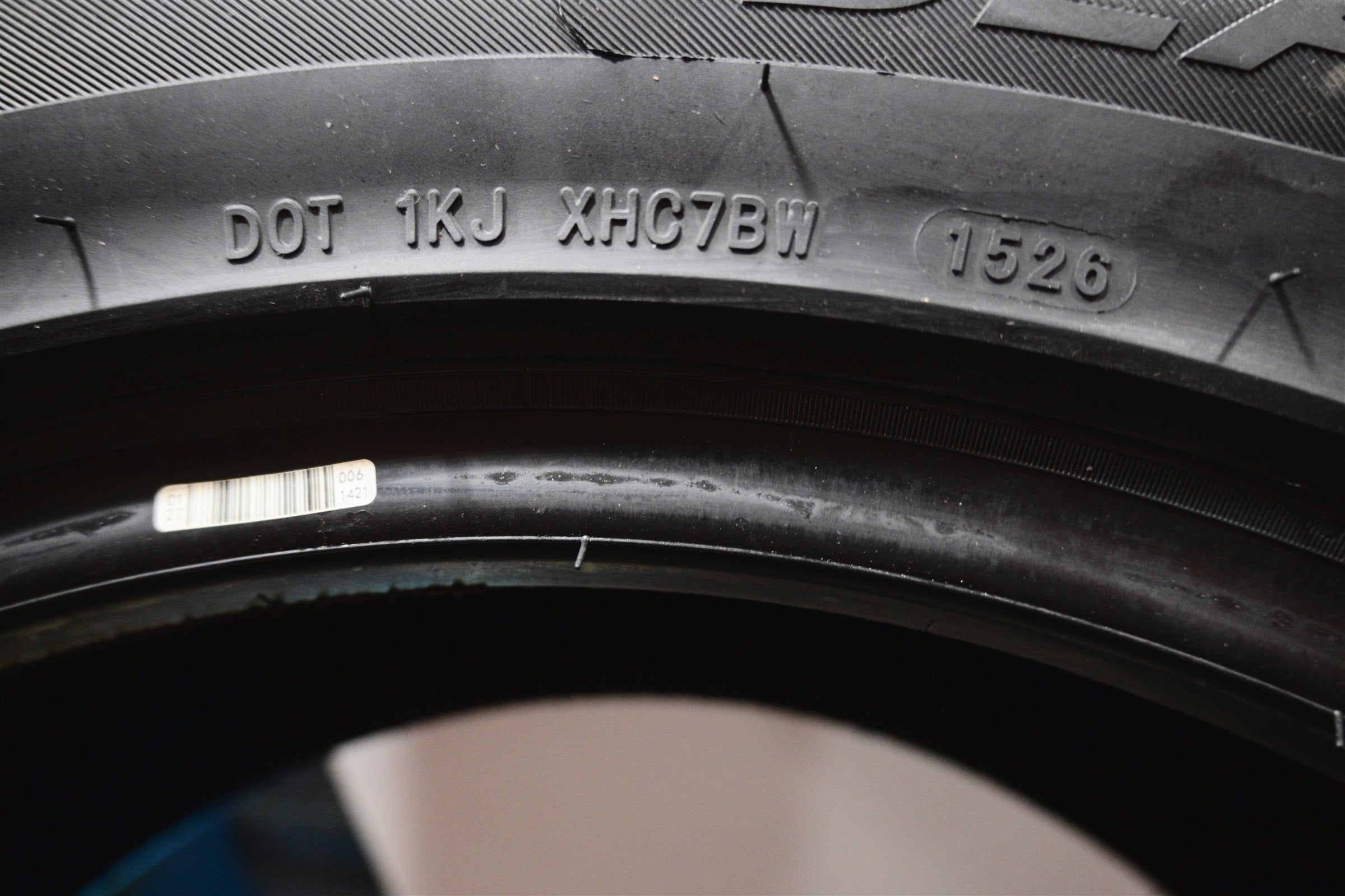 Close-up of the actual tire sidewall and DOT markings